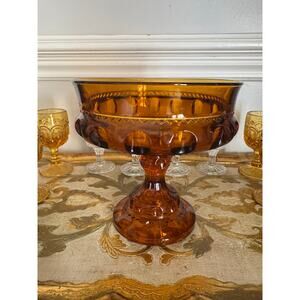 Vintage Indiana Glass King’s Crown Thumbprint Amber Pedestal Compote Bowl 8”